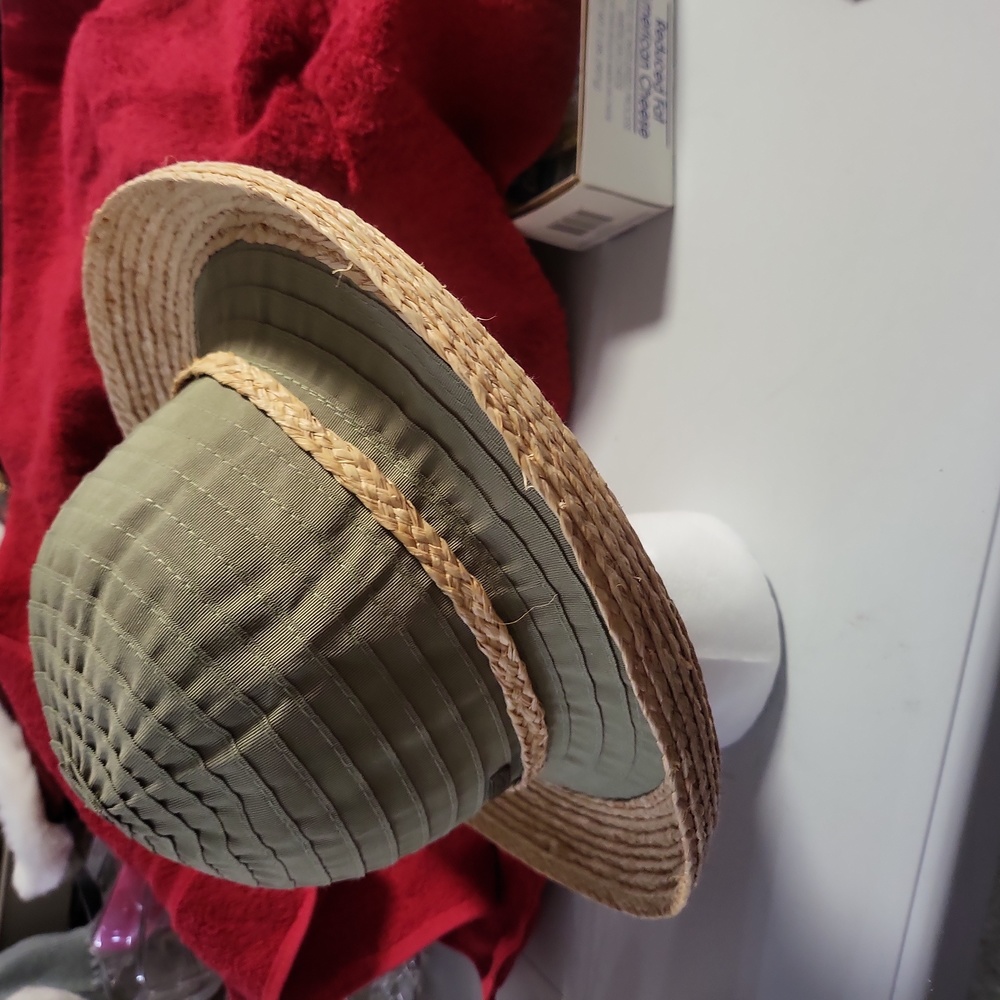 Sun ‘n’ Sand Natural Raffia and Fabric Olive Green Wide Brim Hat